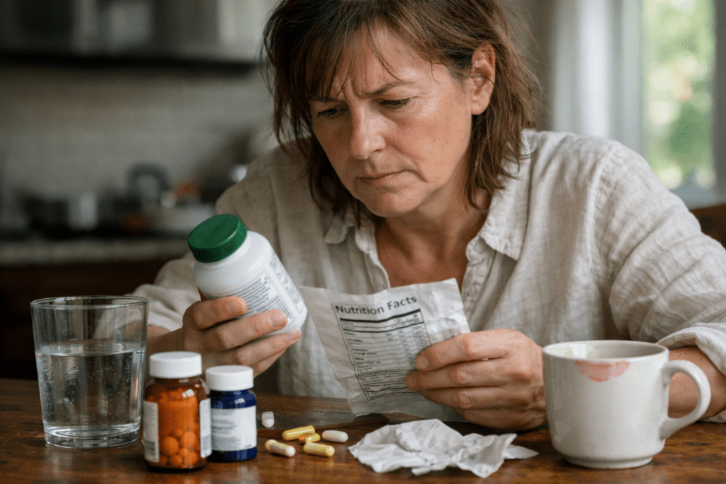 Person reviewing cholesterol-lowering supplements and natural health management options at home