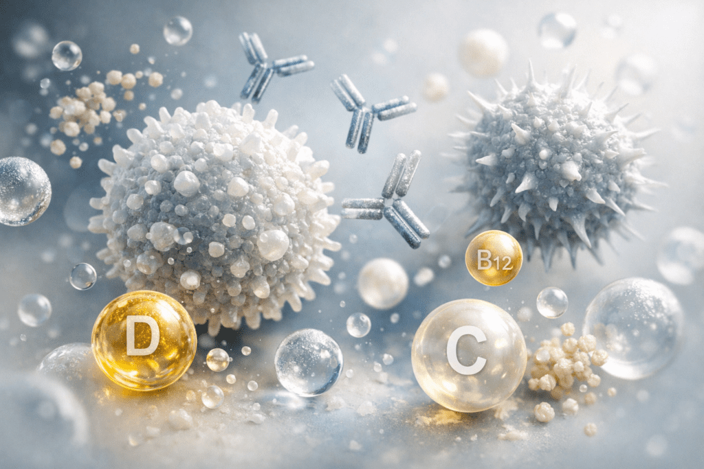 Abstract scientific visualization of immune system cells and nutrient molecules for immune support vitamins article
