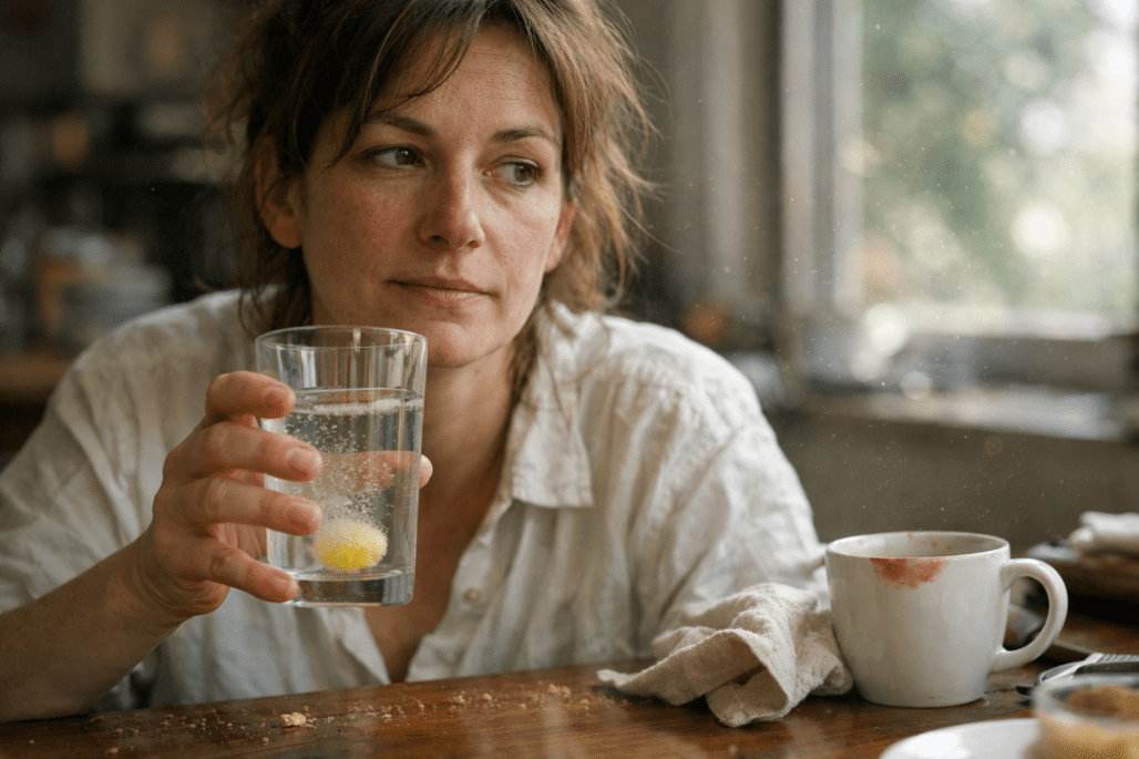 Person taking immune health supplement with water at kitchen table in natural morning light