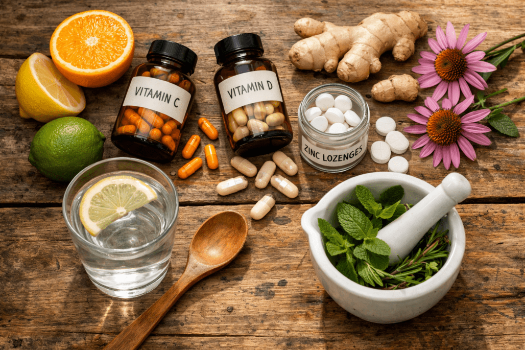 Immune booster supplements and natural ingredients arranged on wooden table with citrus and herbs