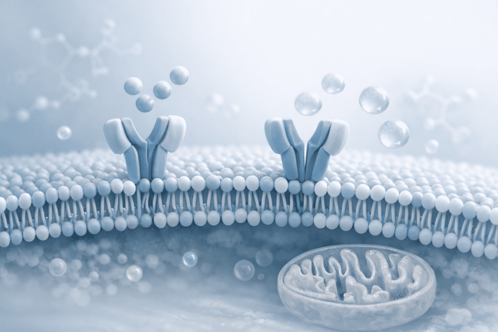 Cellular cross-section showing insulin receptors and glucose molecules for natural insulin support education