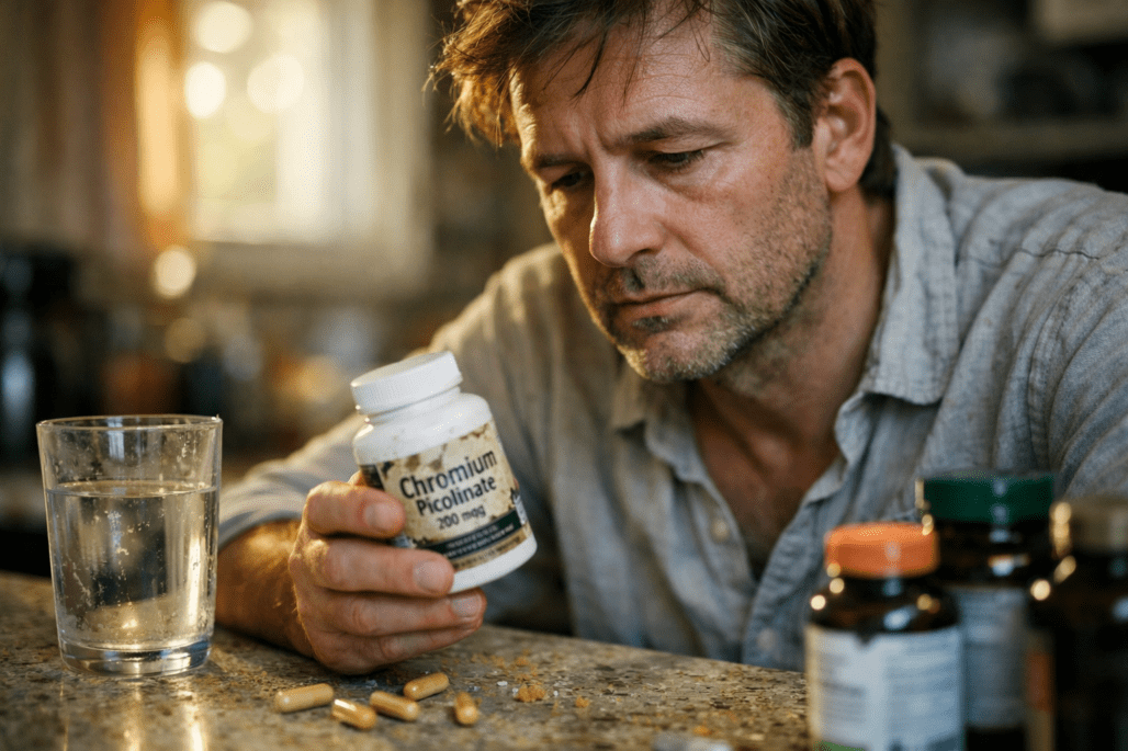 Person examining chromium supplement bottle at kitchen counter for natural insulin support routine