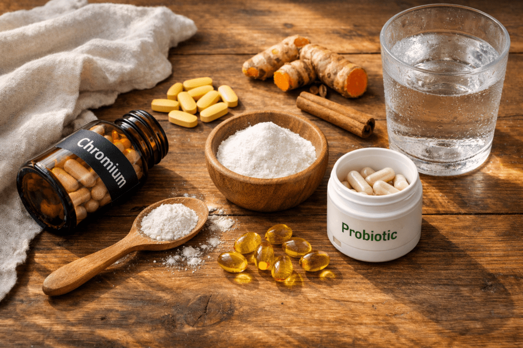 Chromium, berberine, and best insulin resistance supplements arranged on wooden table with water