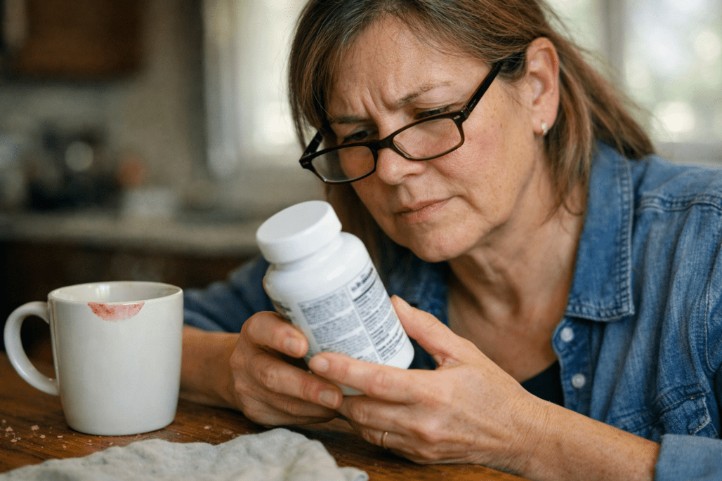 Person examining kidney health supplement bottle at kitchen counter in natural lighting for renal health decision-making