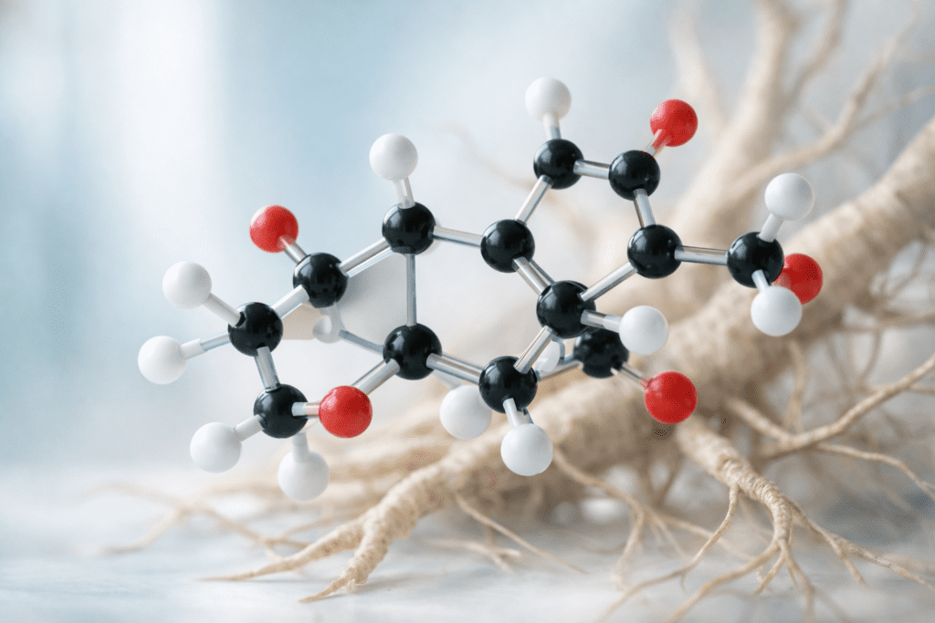 Molecular structure of eurycomanone from tongkat ali root extract, scientific visualization