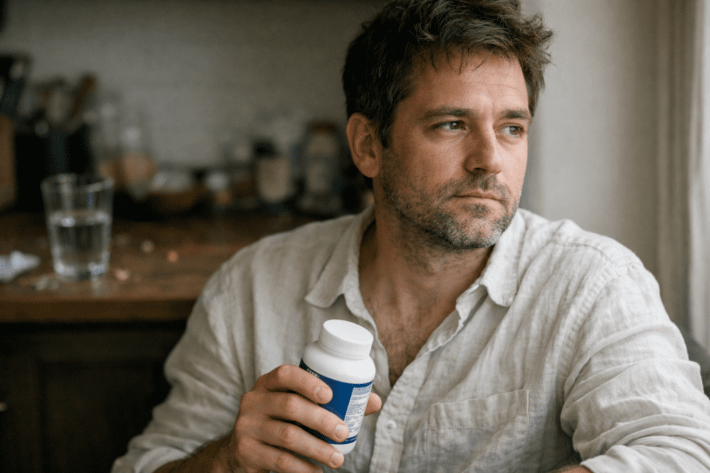 Man examining tongkat ali supplement bottle for hormone and energy support benefits