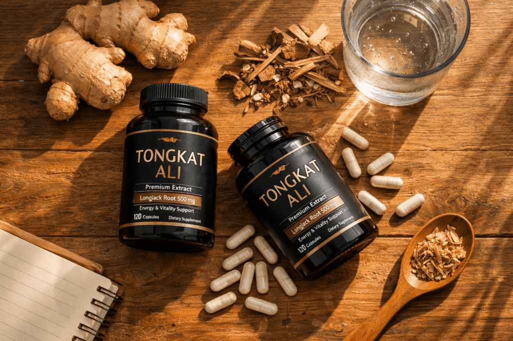 Top-rated tongkat ali supplements with natural ingredients and glass of water on wooden table