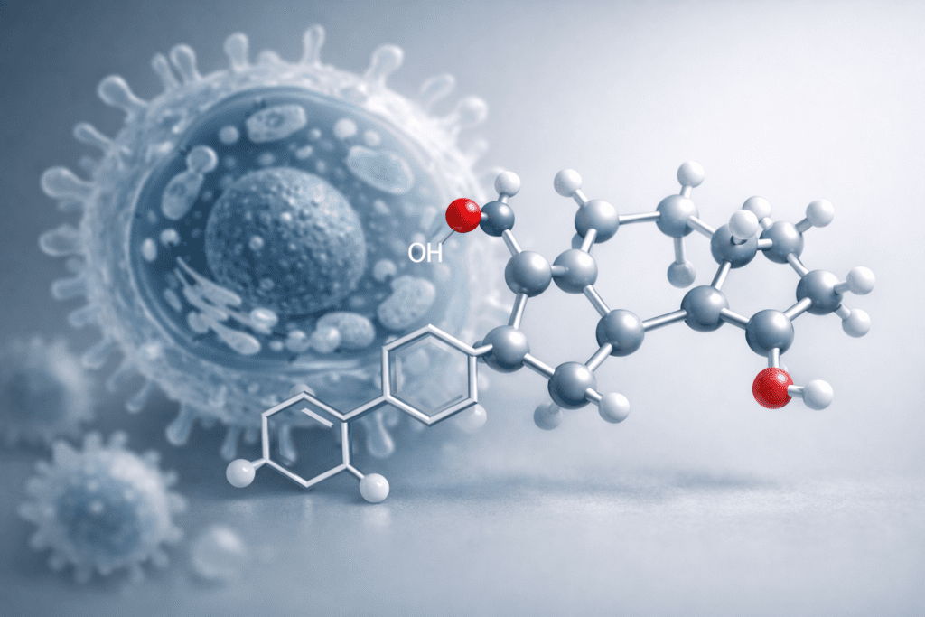 Vitamin D molecular structure interacting with immune cells in scientific editorial style