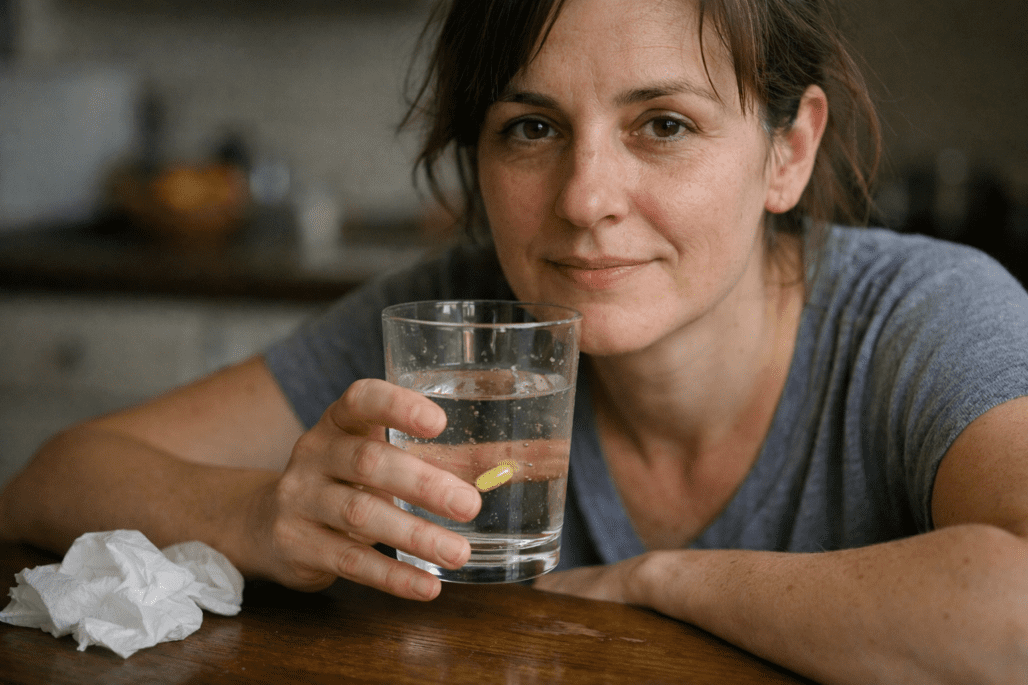 Person taking vitamin D supplement for immune system health in realistic home setting