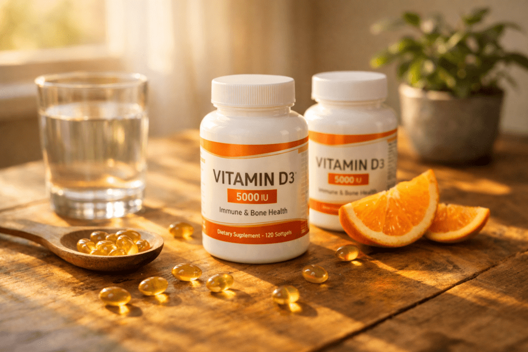 Best vitamin D supplements displayed with water and citrus on wooden table in natural light