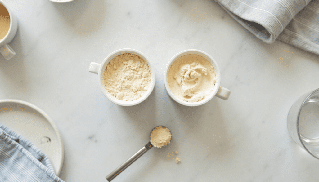 Product still-life: two unlabeled collagen containers on marble counter