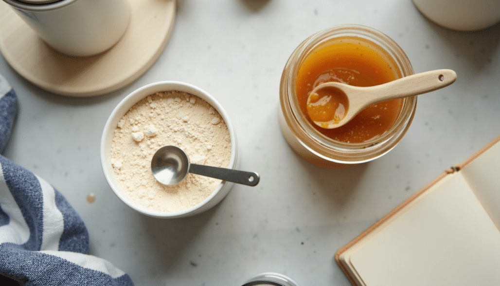 Product still-life: unlabeled peptide tub next to an unlabeled gelatin jar