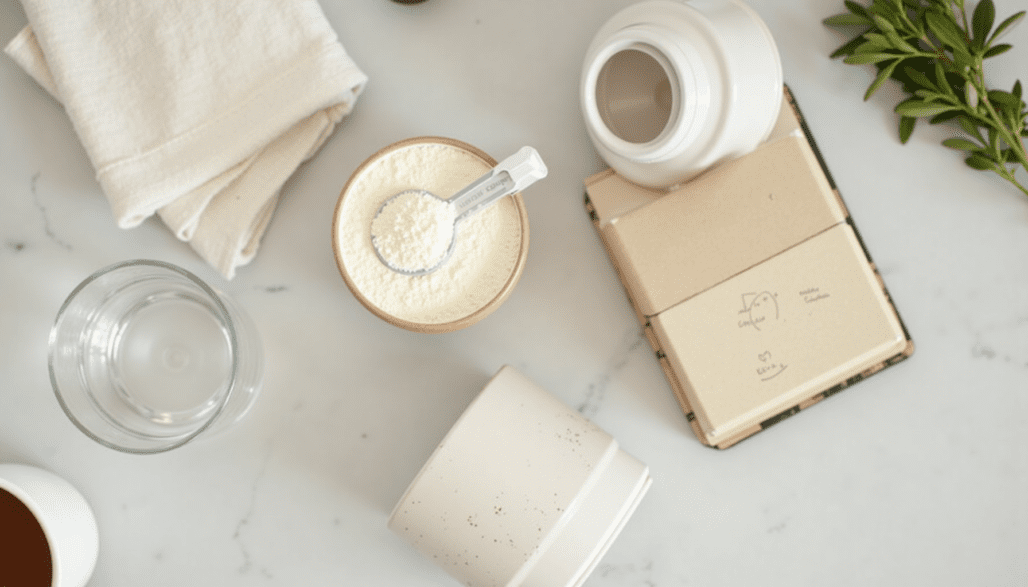 Product still-life: three unlabeled collagen containers on a sunlit counter