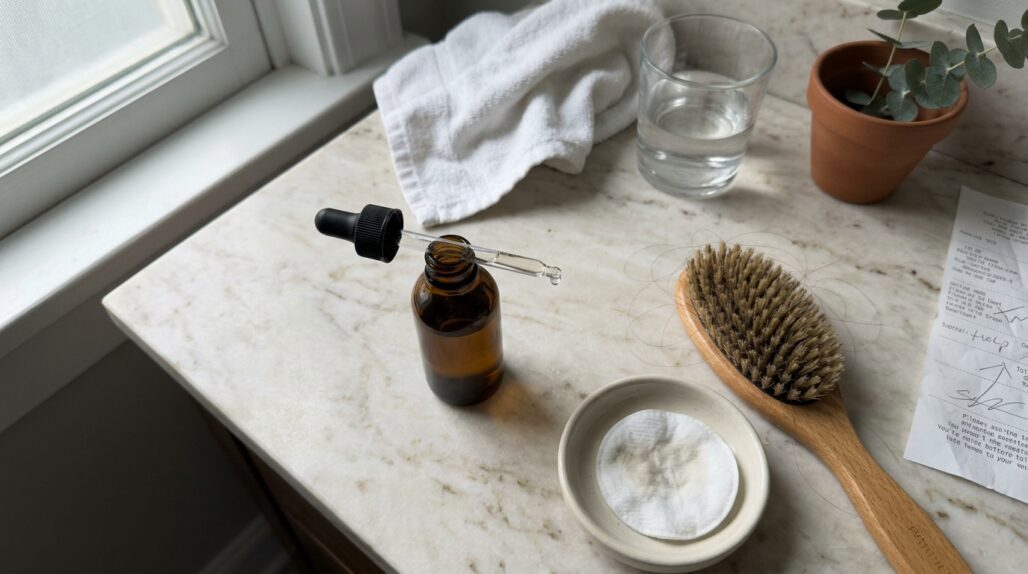 Product still-life: unlabeled dropper bottle beside a hair brush in bathroom light