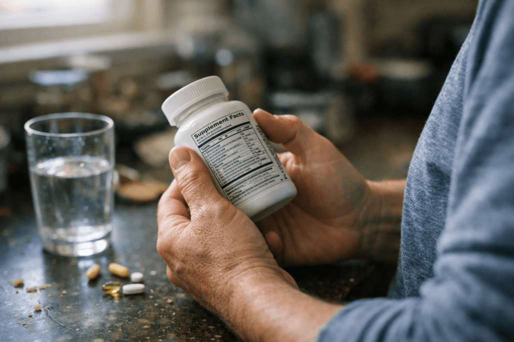 Person reviewing organic supplement bottle in realistic kitchen setting with natural lighting