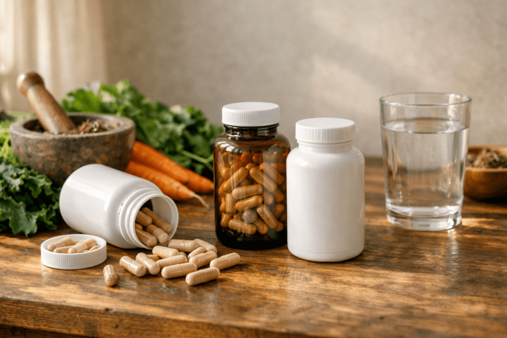 Whole food vitamin supplements with fresh organic vegetables and water on wooden surface