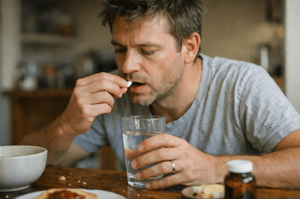 Person taking Jarrow supplement with water during morning wellness routine at home