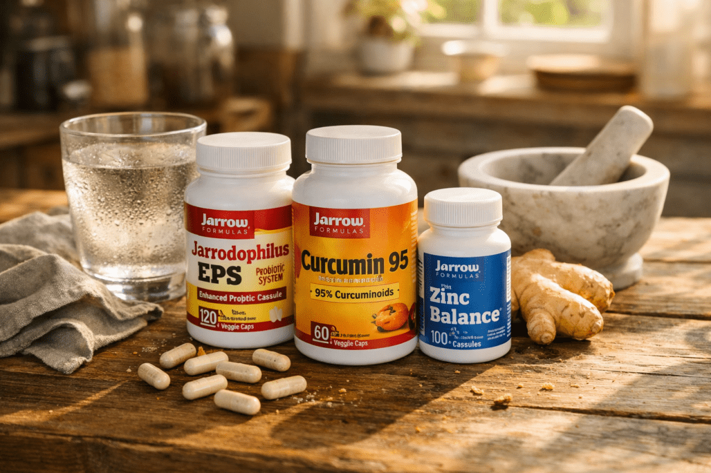 Jarrow supplements displayed with water and natural ingredients on wooden table for brand review