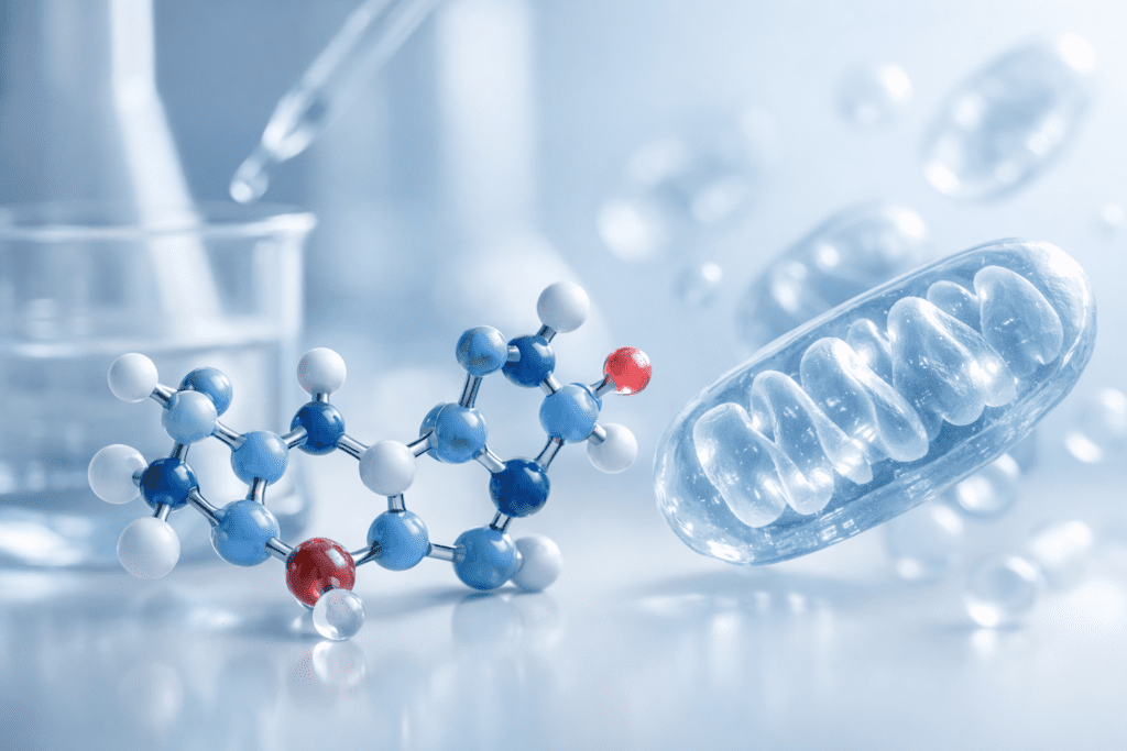 NAD+ booster molecule structure with mitochondrial cells for longevity supplements review