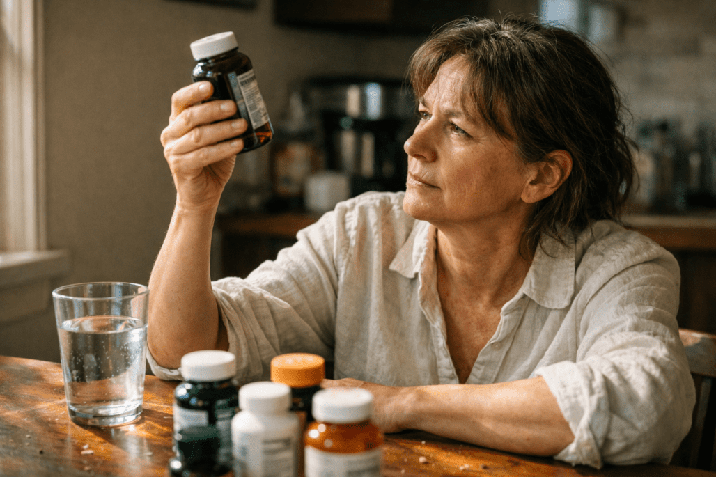 Person examining life extension supplement bottle for longevity review decision