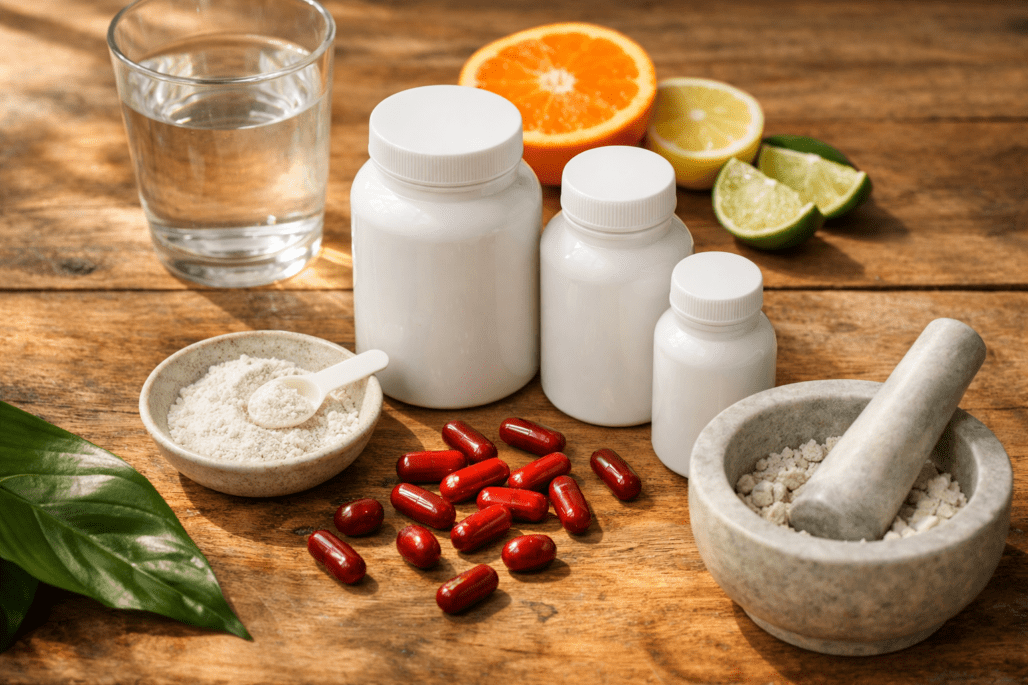 Anti-aging vitamins and longevity supplements on wooden table with water and citrus