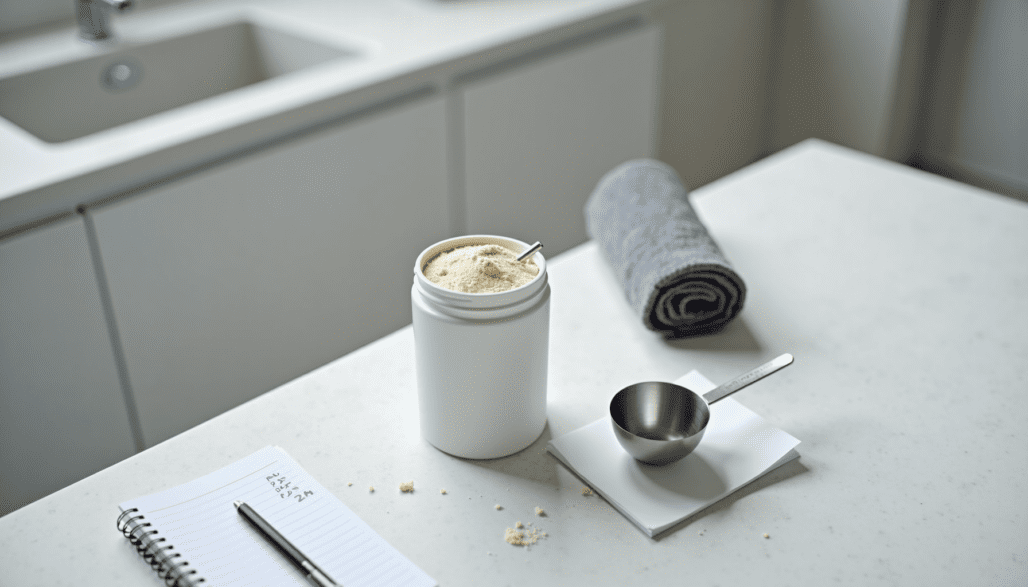 Product still-life: unlabeled premium-feel collagen tub in a modern training space