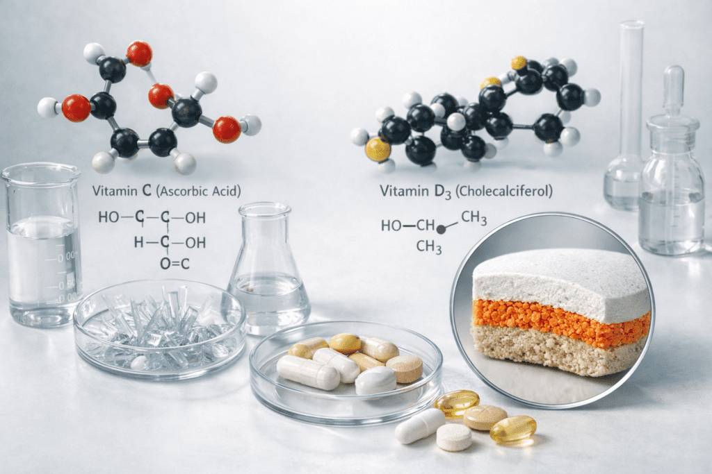 Molecular structure and vitamin tablet cross-section in clinical laboratory setting for supplement quality comparison