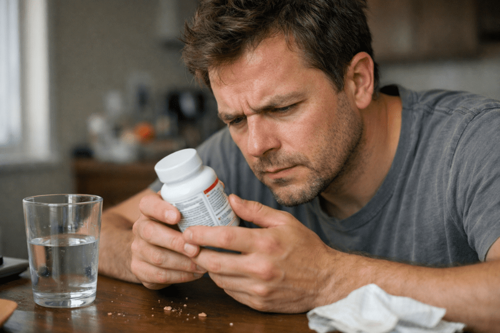 Person reading vitamin supplement label at home, examining best vitamin brand choice carefully