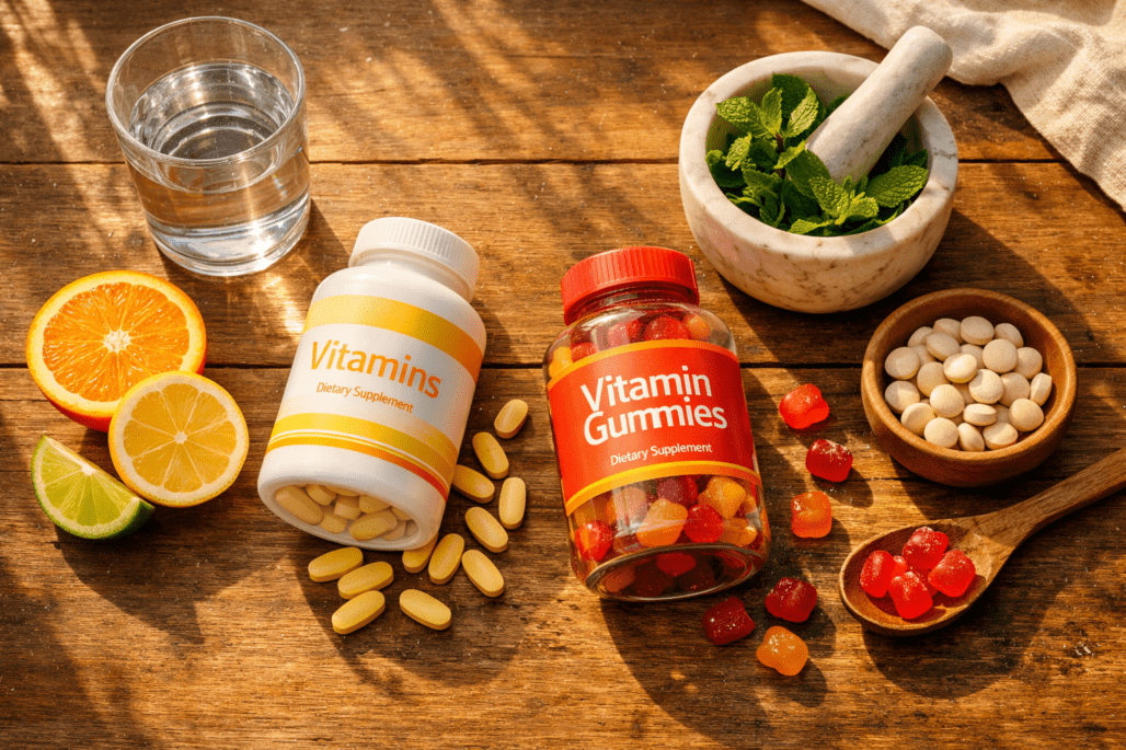 Vitamin bottles and supplement formats displayed on wooden table with water and fresh ingredients