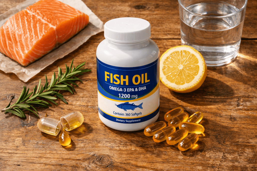 Fish oil supplement bottle displayed with fresh salmon, lemon, and water on wooden table for Nordic Naturals review