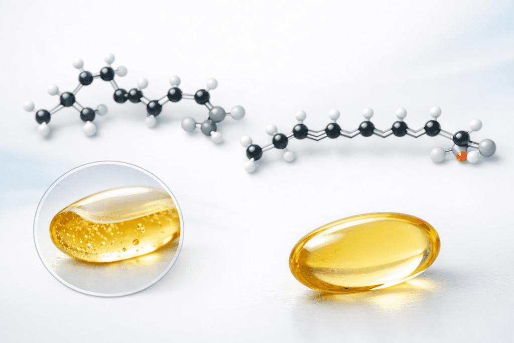 Molecular structure of omega-3 fish oil showing EPA and DHA compounds in scientific illustration style