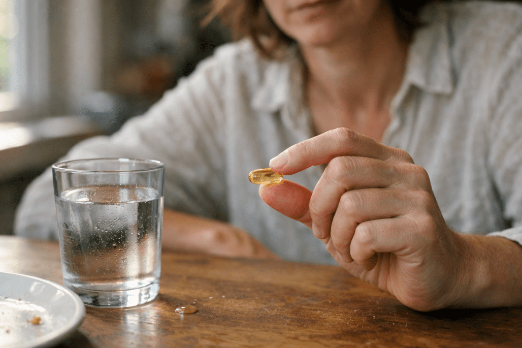 Person taking fish oil supplement with water at kitchen table in natural morning light