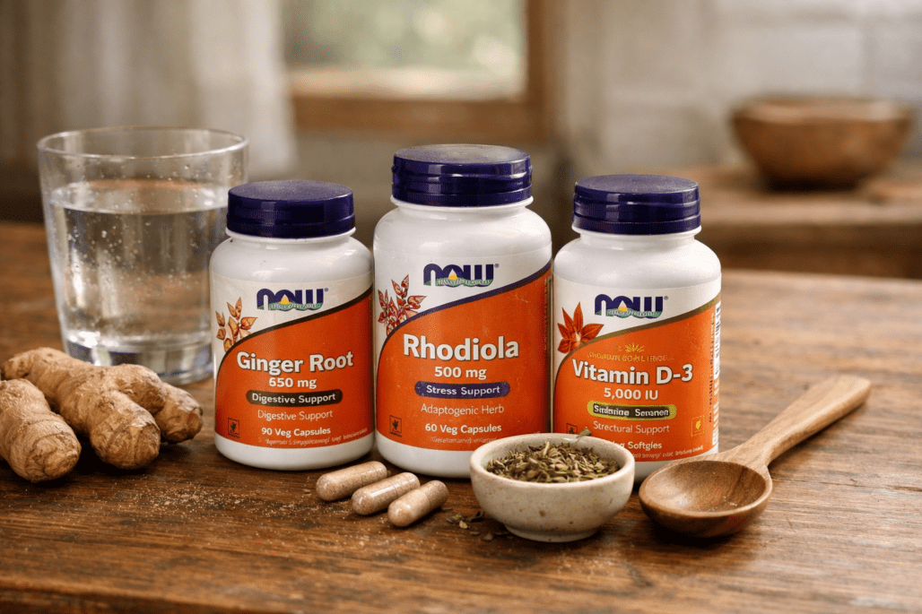 Affordable NOW Foods vitamin bottles displayed with water glass and natural ingredients on wooden table