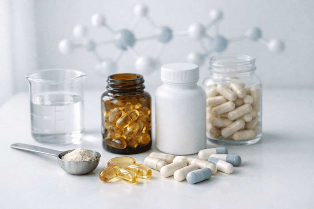 Budget supplements arranged with scientific lab equipment showing NOW Foods quality testing