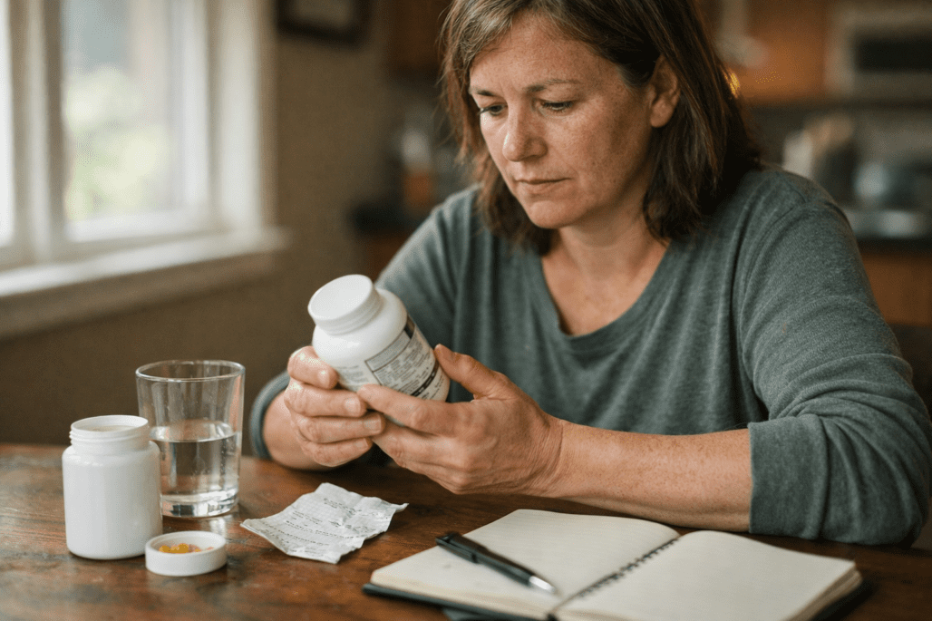 Person reviewing budget supplement bottle at home table with water and notes visible