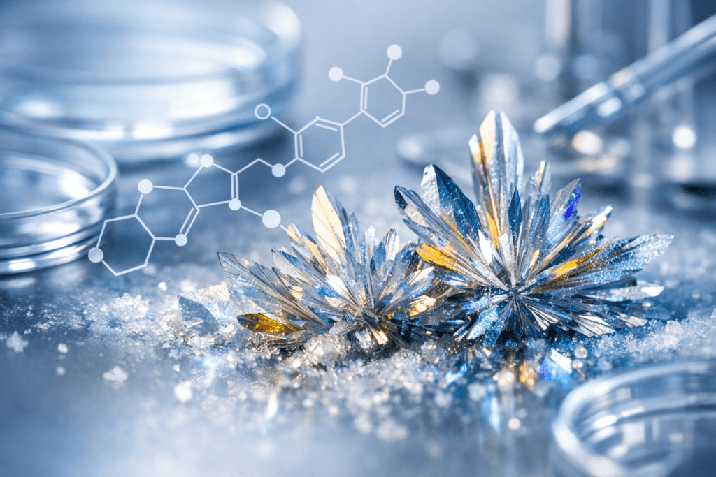 Nutricost supplements quality testing under microscope with crystalline vitamin structures and lab equipment
