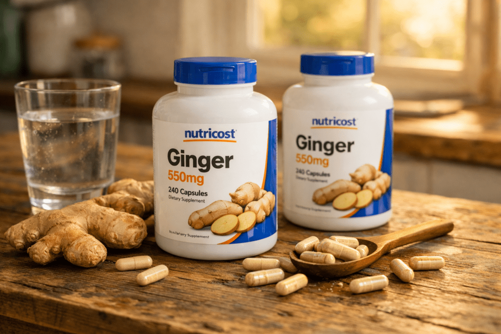 Nutricost vitamin bottles and capsules on wooden table with water glass and natural ingredients