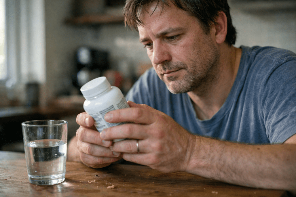 Person reviewing Nutricost supplement bottle in natural kitchen lighting with realistic home environment