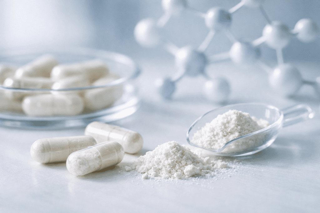 Premium supplement capsules and powder in scientific laboratory setting for Pure Encapsulations review