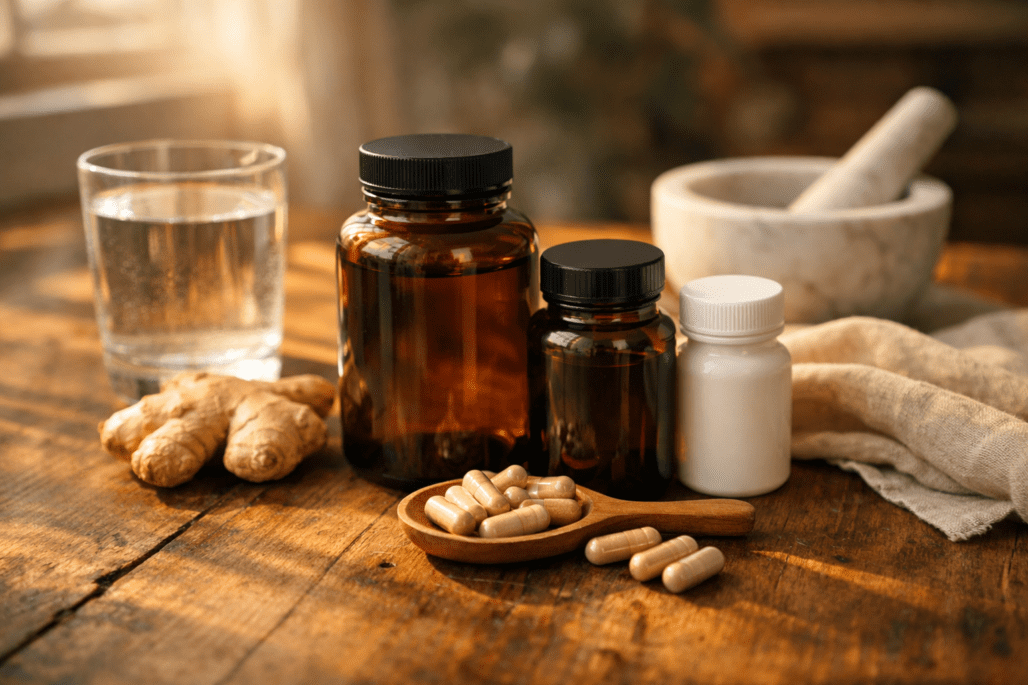 Premium supplement bottles with water glass and natural ingredients on wooden table for vitamin brand comparison