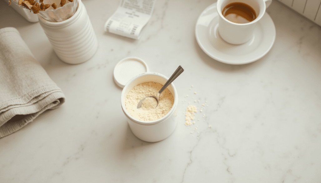 Product still-life: single unlabeled collagen tub in plain everyday kitchen