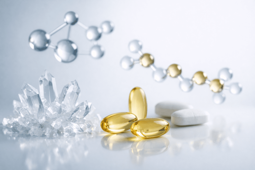 Sports Research supplements molecular structure visualization with scientific editorial styling