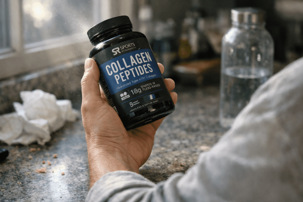 Person reviewing Sports Research supplement bottle in natural kitchen lighting