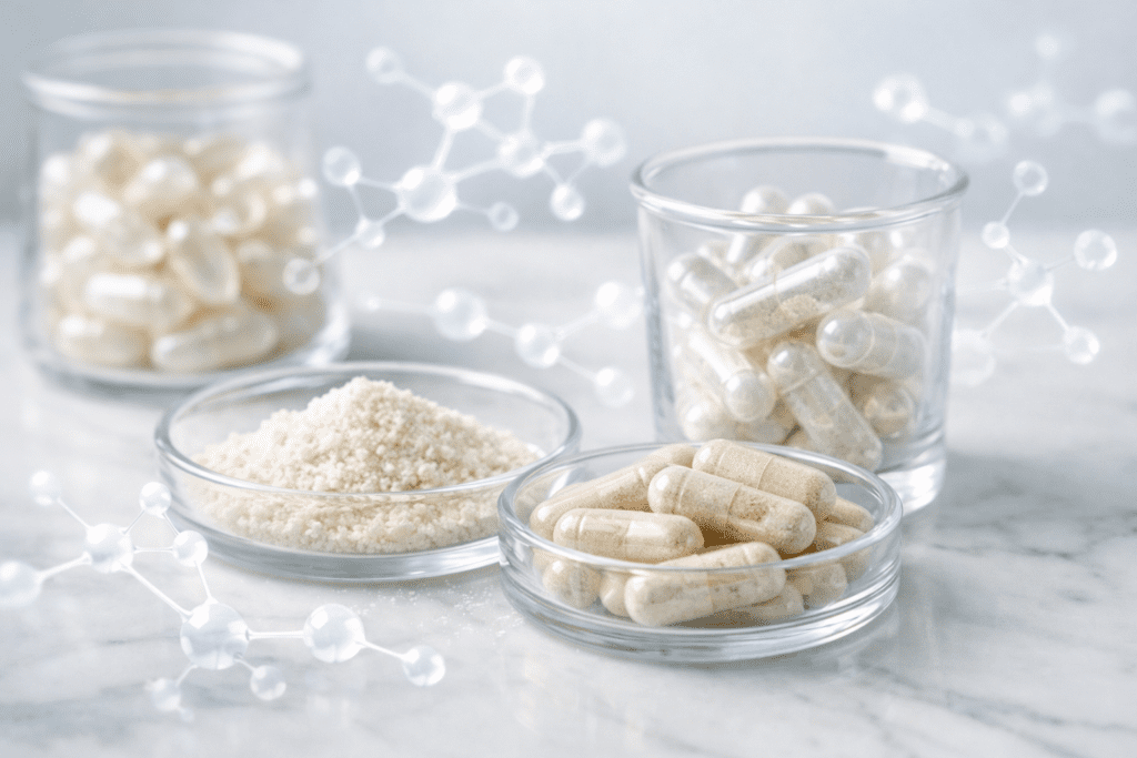 Thorne supplements review showing clean capsules and powder in scientific laboratory setting with professional lighting