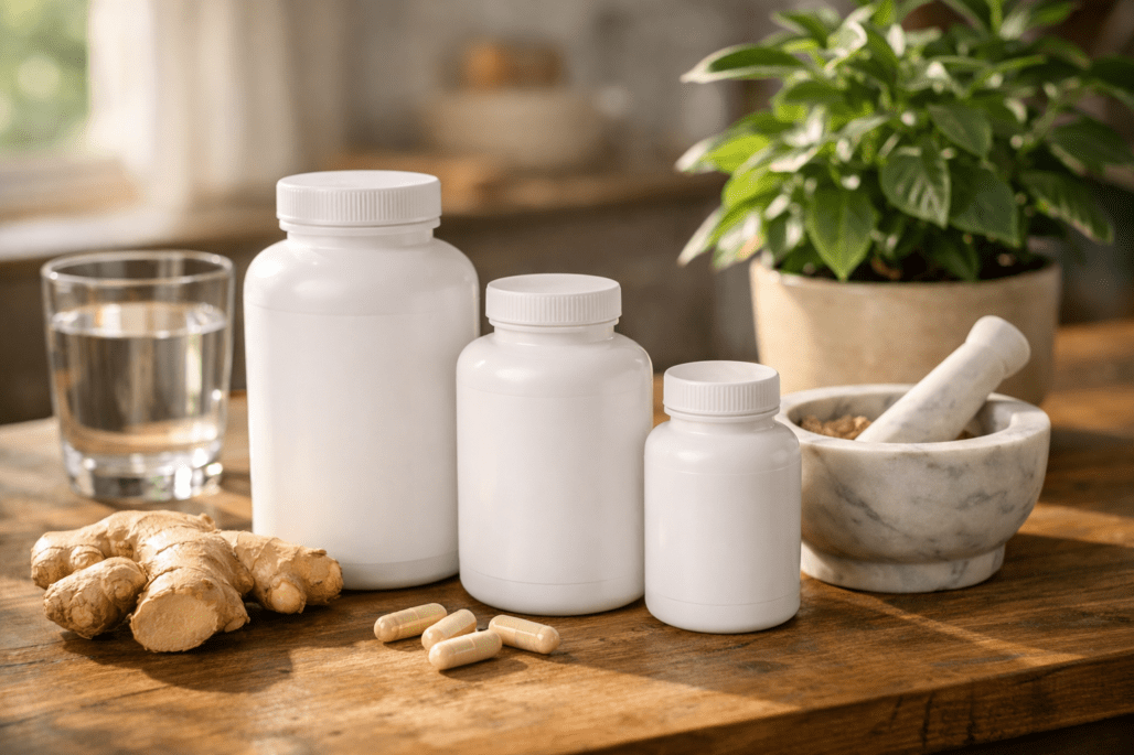 Best Thorne products displayed on wooden table with water glass and fresh ingredients for supplement brand comparison