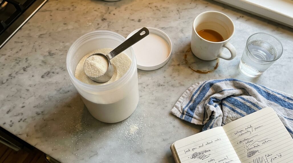 Product still-life: unlabeled cylindrical tub of collagen on morning counter