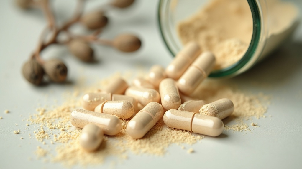 Close-up macro of small clear capsules filled with light-beige powder spilling f