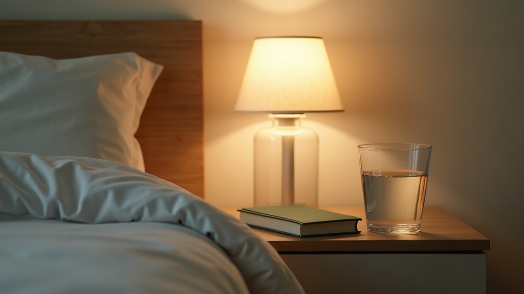 Quiet bedside scene in low evening light: a clear glass tumbler of water and a f