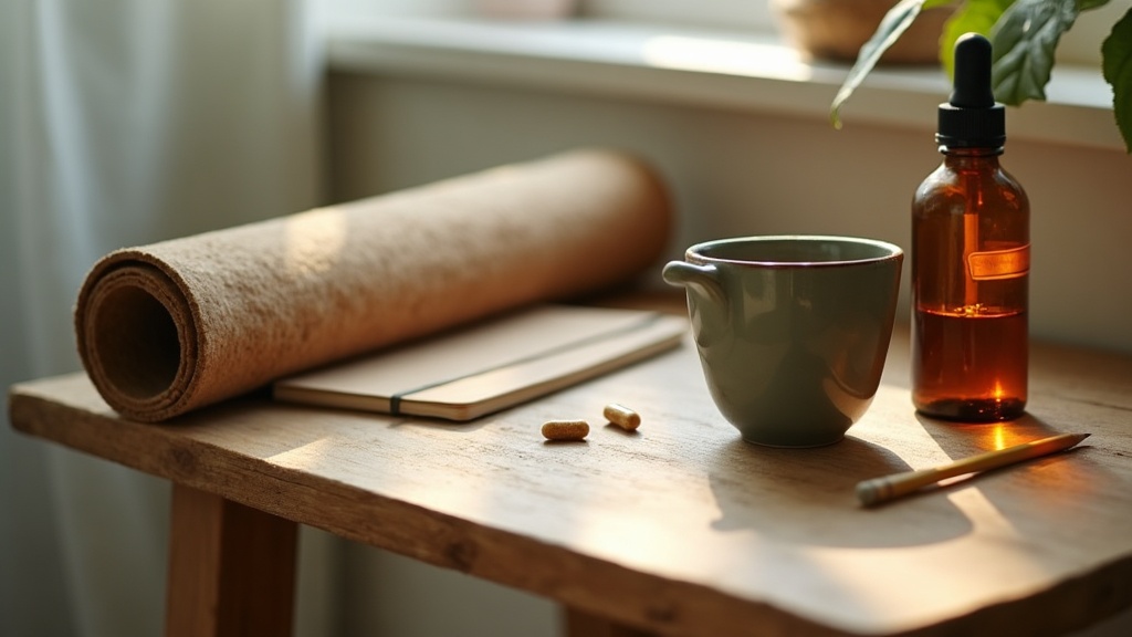 Lifestyle context still life on a worn oak side table in warm late-afternoon day