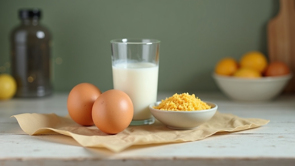 Still life on a pale wood kitchen counter of two pasture eggs, a small bowl of n